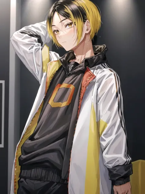 ((fully clothed))<lora:KenmaKozumeV2:0.6>,high res, masterpiece,Kenma Kozume, ((1boy,)) ((1man)), black_hair (blonde_hair) looking_to_the_side male_focus multicolored_hair,solo sportswear sweat sweatdrop twitter_username tying_hair upper_body volleyball_uniform yellow_eyes, detailed background, bright