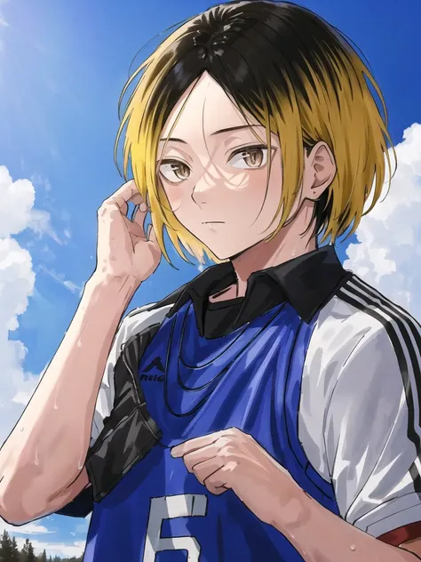 ((fully clothed))<lora:KenmaKozumeV2:0.75>,high res, masterpiece,Kenma Kozume, ((1boy,)) ((1man)), black_hair (blonde_hair) looking_to_the_side male_focus multicolored_hair,solo sportswear sweat sweatdrop twitter_username tying_hair upper_body volleyball_uniform yellow_eyes, detailed background, bright,volleyball court, outside,blue sky, woods,