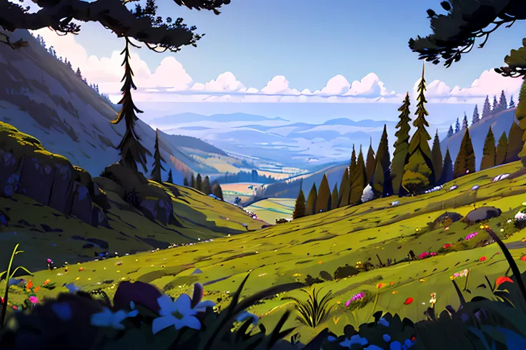 fantasy background, battle background for games, mountain range in distance, hills, grassy hills, fields, no humans, very far, trees, forests, fantasy <lora:gabrielgomez_style:0.8>