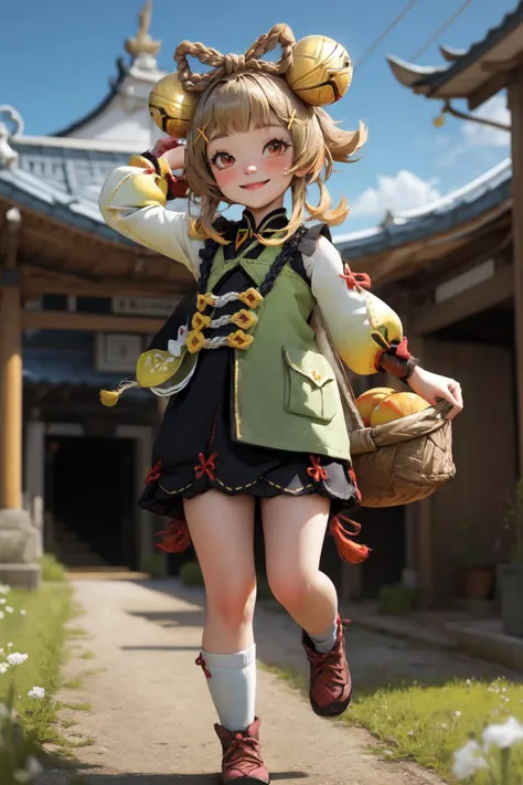 <lora:genshinfull1-000006:1>, yaoyaodef, full body, standing, smile, blush, outdoors, day, arm up, basket, blue sky, sky, temple, looking at viewer, <lora:PinterestEnchanted_style-20:0.6>
