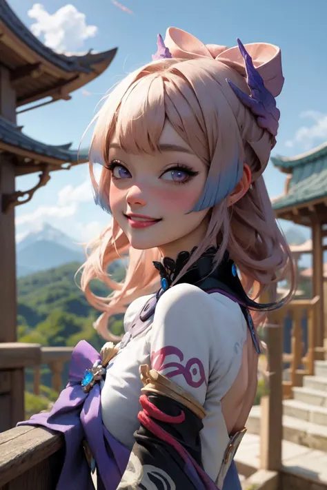 <lora:genshinfull1-000006:1>, kokomidef, upper body, smile, blush, outdoors, day, blue sky, sky, temple, looking at viewer, stairs, mountain, moody lighting, facing viewer, <lora:PinterestEnchanted_style-20:0.6>