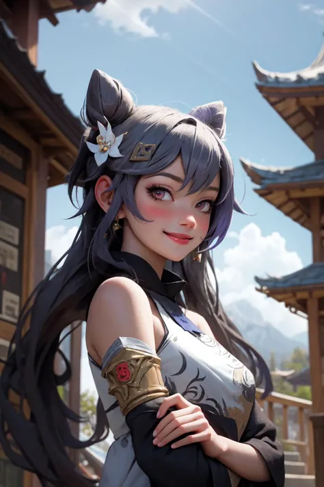 <lora:genshinfull1-000006:1>, keqingdef, upper body, smile, blush, outdoors, day, blue sky, sky, temple, looking at viewer, stairs, mountain, moody lighting, facing viewer, <lora:PinterestEnchanted_style-20:0.6>