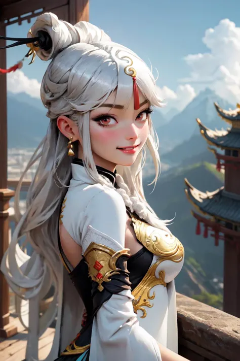 <lora:genshinfull1-000006:1>, ningguangdef, upper body, smile, blush, outdoors, day, blue sky, sky, temple, looking at viewer, stairs, mountain, moody lighting, facing viewer, <lora:PinterestEnchanted_style-20:0.6>