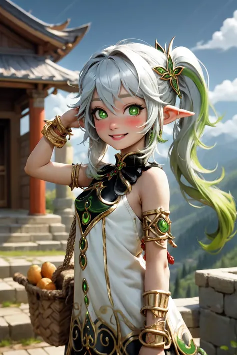 <lora:genshinfull1-000006:1>, nahidadef, upper body, smile, blush, outdoors, day, arm up, basket, blue sky, sky, temple, looking at viewer, stairs, mountain, moody lighting, <lora:PinterestEnchanted_style-20:0.6>