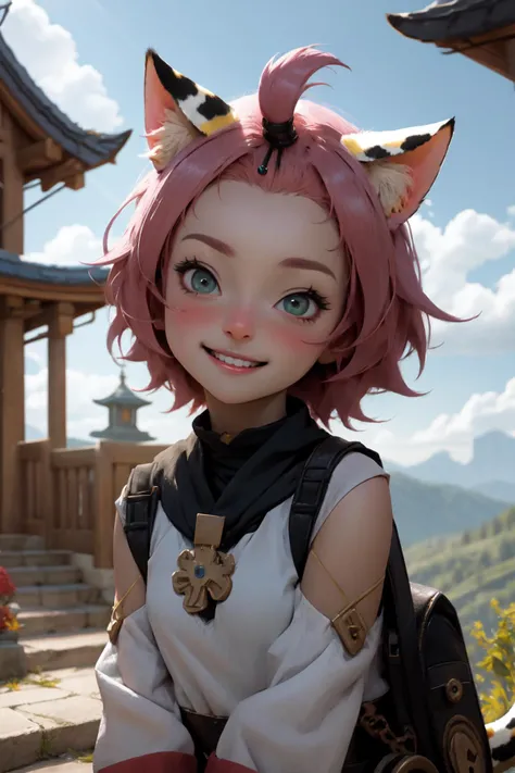 <lora:genshinfull1-000006:1>, dionadef, upper body, smile, blush, outdoors, day, blue sky, sky, temple, looking at viewer, stairs, mountain, moody lighting, <lora:PinterestEnchanted_style-20:0.6>