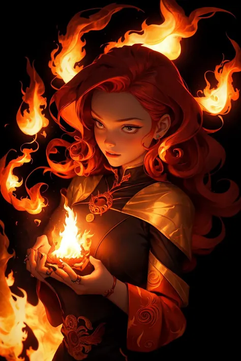 20yo woman, dark lighting, black background, fire and flames, fire magic, fantasy style, elegant, powerful and sexy, ring of fire, flame spirals, realistic, sharp focus, photo, <lora:PinterestEnchanted_style-20:0.7>