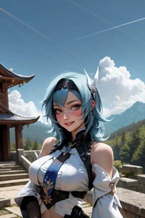 <lora:genshinfull1-000006:1>, euladef, upper body, smile, blush, outdoors, day, blue sky, sky, temple, looking at viewer, stairs, mountain, moody lighting, <lora:PinterestEnchanted_style-20:0.6>
