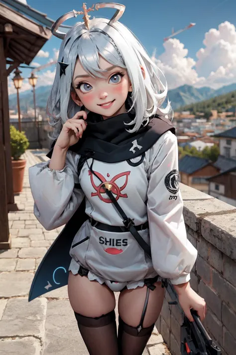 <paimon1-000005:1>, paimondef, upper body, smile, blush, outdoors, day, blue sky, sky, temple, looking at viewer, stairs, mountain, moody lighting, <lora:PinterestEnchanted_style-20:0.6>