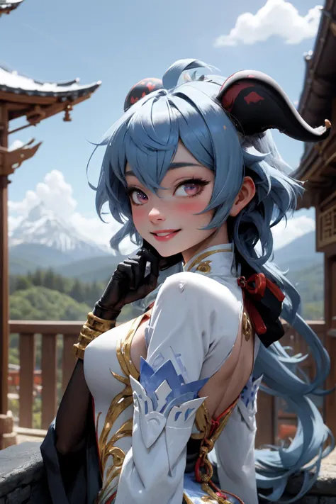 <lora:genshinfull1-000006:1>, ganyudef, upper body, smile, blush, outdoors, day, blue sky, sky, temple, looking at viewer, stairs, mountain, moody lighting, <lora:PinterestEnchanted_style-20:0.6>