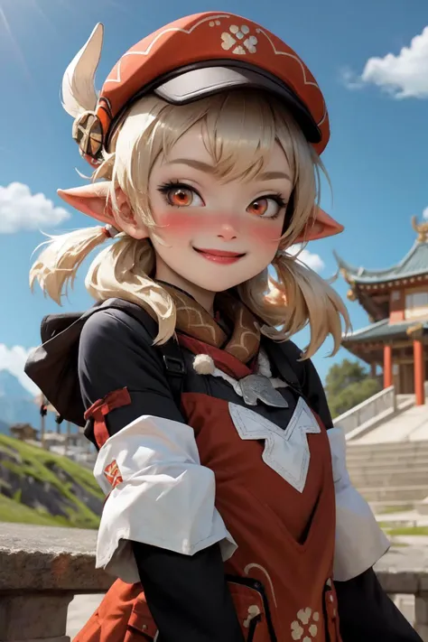 <lora:genshinfull1-000006:1>, kleedef, upper body, smile, blush, outdoors, day, blue sky, sky, temple, looking at viewer, stairs, mountain, moody lighting, <lora:PinterestEnchanted_style-20:0.6>