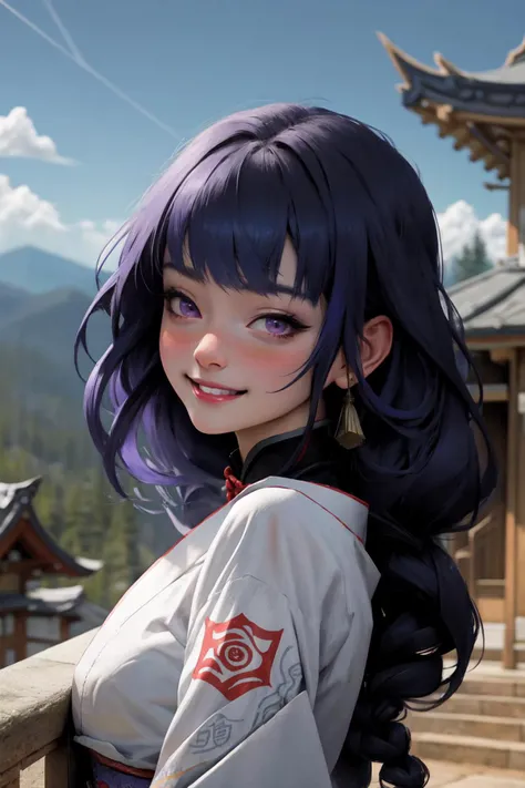 <lora:genshinfull1-000006:1>, raidenshogundef, upper body, smile, blush, outdoors, day, blue sky, sky, temple, looking at viewer, stairs, mountain, moody lighting, facing viewer, <lora:PinterestEnchanted_style-20:0.6>
