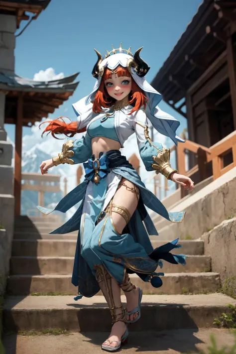 <lora:genshinfull1-000006:1>, niloudef, full body, smile, blush, outdoors, day, blue sky, sky, temple, looking at viewer, stairs, mountain, moody lighting, facing viewer, dancing, <lora:PinterestEnchanted_style-20:0.6>