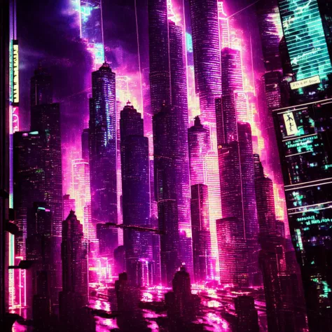 cyberpunk dark city,skyscrapers,neon lights,advertisment,night,hyper-realistic,photo,highly detailed,glass city,rainy,realism,moody cinematic,8k,3.5 mm,tokyo,futuristic,octane render,japanese,synthwave,cityscape,dramatic,wide angle,sci-fi,traffic,ultra realistic,glowing lights,<lora:neon_palette_offset:1>,<lora:neon_palette_offset:1>,
