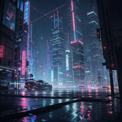 cyberpunk dark city, skyscrapers, neon lights, advertisment, night, hyper-realistic, photo, highly detailed, glass city, rainy, realism, moody cinematic, 8k, 3.5 mm, tokyo, futuristic, octane render, japanese, synthwave, cityscape, dramatic, wide angle, sci-fi, traffic, ultra realistic, glowing lights, <lora:neonPaletteLora_offset:1>