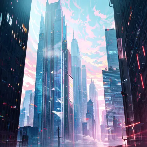 A stormy sky over a cityscape with tall buildings, Tilting, Negative Space, separation light, high key masterpiece, realistic, award winning, volumetric light and fog, neon palette, subsurface scattering, caustics, bloom, perfect exposure, perfect composition, rule of thirds, 8k, hdr10, cinematic, breathtaking, ray tracing, <lora:neonPaletteLora_offset:1>, <lora:add_detail:0.85>