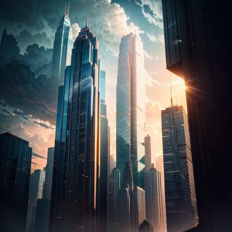 A stormy sky over a cityscape with tall buildings, Tilting, Negative Space, separation light, high key masterpiece, realistic, award winning, volumetric light and fog, neon palette, subsurface scattering, caustics, bloom, perfect exposure, perfect composition, rule of thirds, 8k, hdr10, cinematic, breathtaking, ray tracing, <lora:neonPaletteLora_offset:1>, <lora:add_detail:0.85>