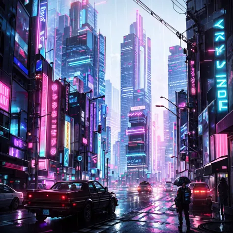 cyberpunk dark city, skyscrapers, neon lights, advertisment, night, hyper-realistic, photo, highly detailed, glass city, rainy, realism, moody cinematic, 8k, 3.5 mm, tokyo, futuristic, octane render, japanese, synthwave, cityscape, dramatic, wide angle, sci-fi, traffic, ultra realistic, glowing lights, <lora:neonPaletteLora_offset:1>
