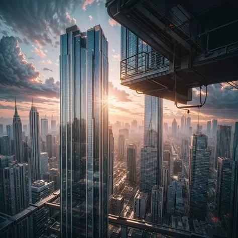A stormy sky over a cityscape with tall buildings, Tilting, Negative Space, separation light, high key masterpiece, realistic, award winning, volumetric light and fog, neon palette, subsurface scattering, caustics, bloom, perfect exposure, perfect composition, rule of thirds, 8k, hdr10, cinematic, breathtaking, ray tracing, <lora:neonPaletteLora_offset:1>, <lora:add_detail:0.85>