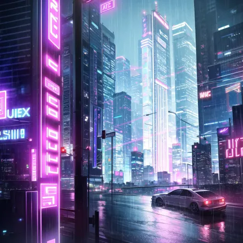 cyberpunk dark city, skyscrapers, neon lights, advertisment, night, hyper-realistic, photo, highly detailed, glass city, rainy, realism, moody cinematic, 8k, 3.5 mm, tokyo, futuristic, octane render, japanese, synthwave, cityscape, dramatic, wide angle, sci-fi, traffic, ultra realistic, glowing lights, <lora:neonPaletteLora_offset:1>
