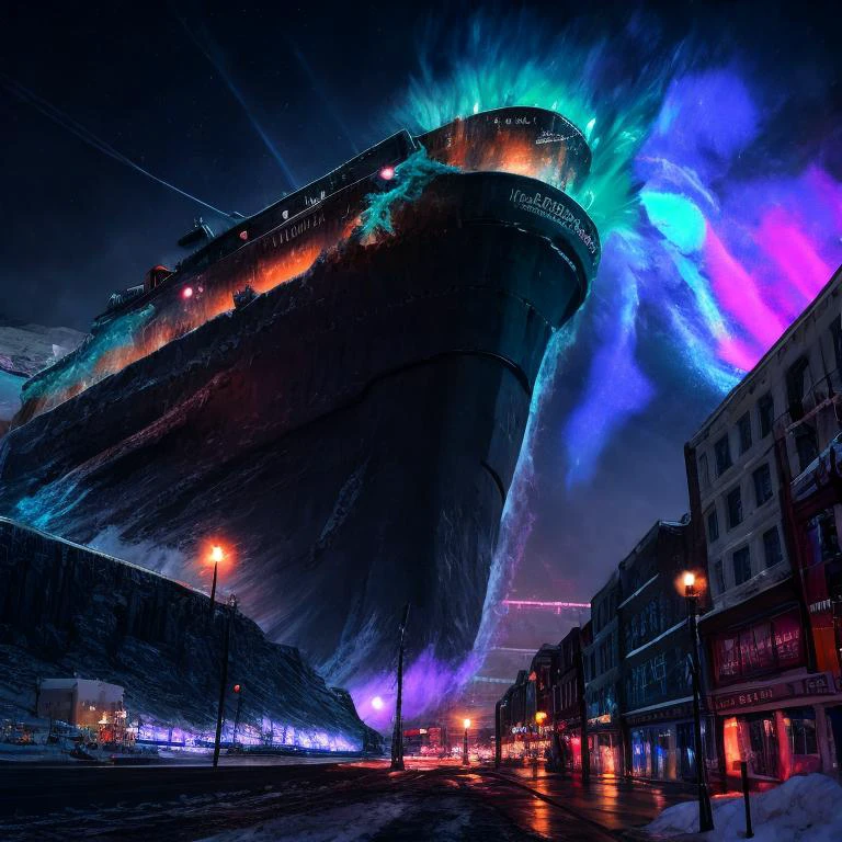 (neon:0.5),(street:0.5),(snow:0.5),(metropolis:0.3),(city:0.2),(glowing lights:0.5),(night:0.5),(HDR:0.1),<lora:neon_palette_offset:0.166>,(aurora borealis:0.1),(Man-of-war:0.5),(high waves:0.3),(destroyed:0.3),(iceberg:0.4),(castle:0.4),(destroyer:0.3),(frigate:0.3),(ship of the line:0.3),