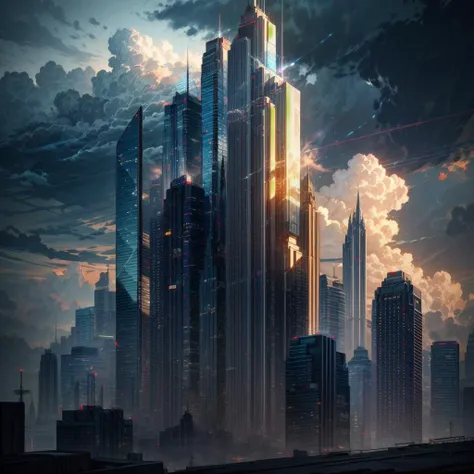 A stormy sky over a cityscape with tall buildings, Tilting, Negative Space, separation light, high key masterpiece, realistic, award winning, volumetric light and fog, neon palette, subsurface scattering, caustics, bloom, perfect exposure, perfect composition, rule of thirds, 8k, hdr10, cinematic, breathtaking, ray tracing, <lora:neonPaletteLora_offset:1>, <lora:add_detail:0.85>
