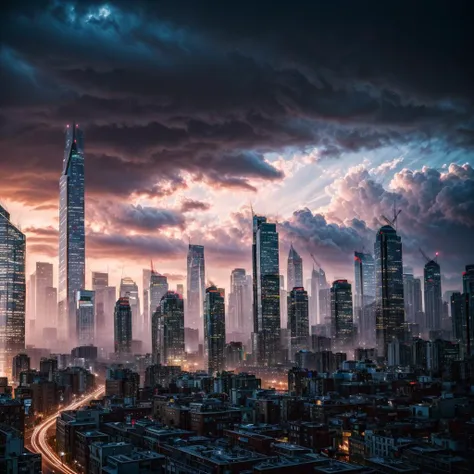 A stormy sky over a cityscape with tall buildings, Tilting, Negative Space, separation light, high key masterpiece, realistic, award winning, volumetric light and fog, neon palette, subsurface scattering, caustics, bloom, perfect exposure, perfect composition, rule of thirds, 8k, hdr10, cinematic, breathtaking, ray tracing, <lora:neonPaletteLora_offset:1>, <lora:add_detail:0.85>