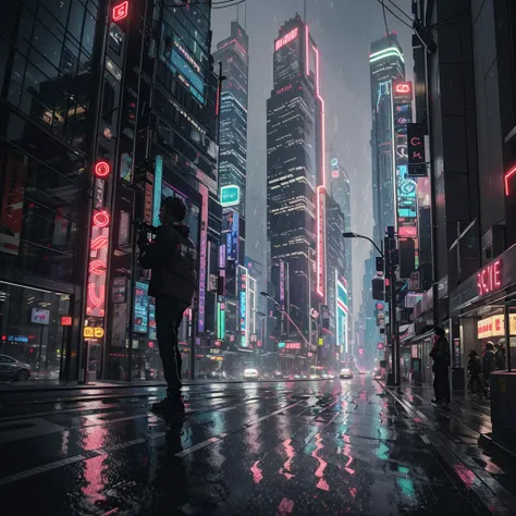 cyberpunk dark city, skyscrapers, neon lights, advertisment, night, hyper-realistic, photo, highly detailed, glass city, rainy, realism, moody cinematic, 8k, 3.5 mm, tokyo, futuristic, octane render, japanese, synthwave, cityscape, dramatic, wide angle, sci-fi, traffic, ultra realistic, glowing lights, <lora:neonPaletteLora_offset:1>