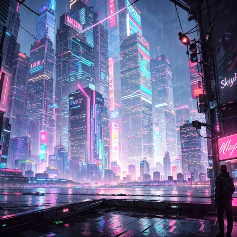 cyberpunk dark city, skyscrapers, neon lights, advertisment, night, hyper-realistic, photo, highly detailed, glass city, rainy, realism, moody cinematic, 8k, 3.5 mm, tokyo, futuristic, octane render, japanese, synthwave, cityscape, dramatic, wide angle, sci-fi, traffic, ultra realistic, glowing lights, <lora:neonPaletteLora_offset:1>