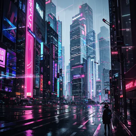 cyberpunk dark city, skyscrapers, neon lights, advertisment, night, hyper-realistic, photo, highly detailed, glass city, rainy, realism, moody cinematic, 8k, 3.5 mm, tokyo, futuristic, octane render, japanese, synthwave, cityscape, dramatic, wide angle, sci-fi, traffic, ultra realistic, glowing lights, <lora:neonPaletteLora_offset:1>