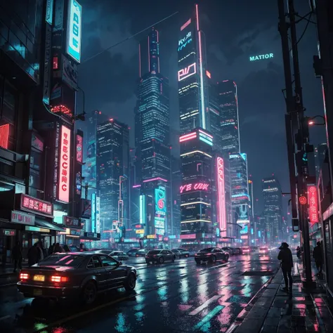 cyberpunk dark city, skyscrapers, neon lights, advertisment, night, hyper-realistic, photo, highly detailed, glass city, rainy, realism, moody cinematic, 8k, 3.5 mm, tokyo, futuristic, octane render, japanese, synthwave, cityscape, dramatic, wide angle, sci-fi, traffic, ultra realistic, glowing lights, <lora:neonPaletteLora_offset:1>