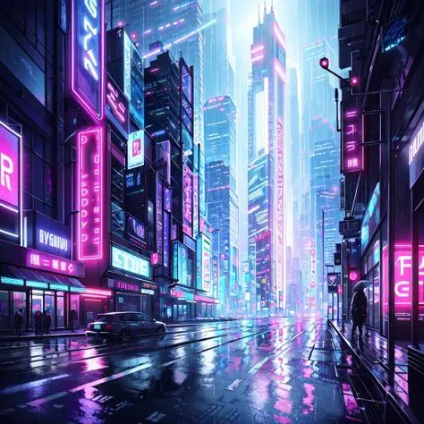 cyberpunk dark city, skyscrapers, neon lights, advertisment, night, hyper-realistic, photo, highly detailed, glass city, rainy, realism, moody cinematic, 8k, 3.5 mm, tokyo, futuristic, octane render, japanese, synthwave, cityscape, dramatic, wide angle, sci-fi, traffic, ultra realistic, glowing lights, <lora:neonPaletteLora_offset:1>