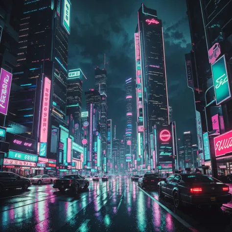 cyberpunk dark city, skyscrapers, neon lights, advertisment, night, hyper-realistic, photo, highly detailed, glass city, rainy, realism, moody cinematic, 8k, 3.5 mm, tokyo, futuristic, octane render, japanese, synthwave, cityscape, dramatic, wide angle, sci-fi, traffic, ultra realistic, glowing lights, <lora:neonPaletteLora_offset:1>