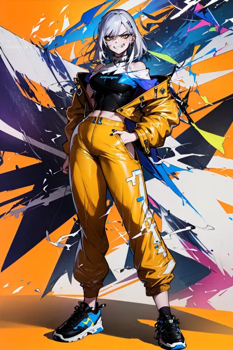 (masterpiece, 4k ,ultra detailed:1.2),(beautiful face:1.2),(anime:1.2),illustration,(realistic:1),
(1girl:1.4),
(angry,teasing,smirk,smug:1.3),
(looking at viewer:1.4),
(standing:1.2),(supermodel:1.4),(full body:1.2),(hands inside pocket:1.2),
(simple background,orange background, abstract:1.3),
(golden off-shoulder jacket,blue sneaker:1.4),(t-shirt,tight three quarter pants:1.2),(ear piercing:1.2),(black fingernail:1.2),
(platinum white hair,colored inner hair),(medium length hair),
(milf,mature,35yo:1.2),(wide hips:1.2),(muscular:1),
<lora:hipoly3DModelLora_v10:0.2>,
<lora:Cnbeauty4_v1:0.4>,
<lora:neonPaletteLora_offset:1.25>,neon palette,