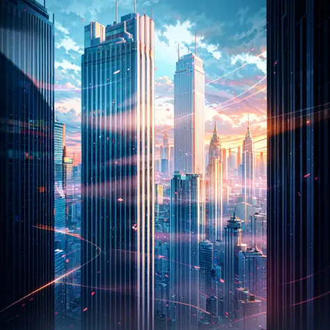 A stormy sky over a cityscape with tall buildings, Tilting, Negative Space, separation light, high key masterpiece, realistic, award winning, volumetric light and fog, neon palette, subsurface scattering, caustics, bloom, perfect exposure, perfect composition, rule of thirds, 8k, hdr10, cinematic, breathtaking, ray tracing, <lora:neonPaletteLora_offset:1>, <lora:add_detail:0.85>