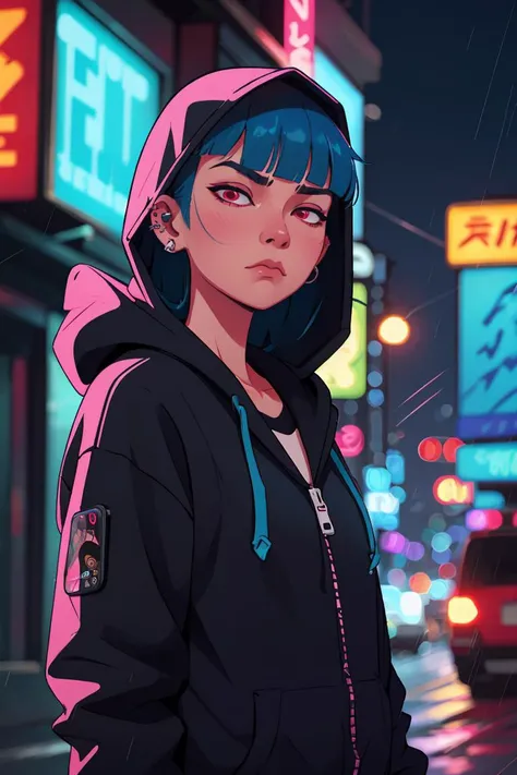 neon palette,<lora:neon_palette_offset:0.8>,1girl,black hoodie,blue hair,blunt bangs,blurry,blurry background,cellphone,city,closed mouth,ear piercing,half-closed eyes,hood,hood up,hoodie,industrial piercing,letterboxed,light frown,long sleeves,looking at viewer,neon lights,phone,piercing,rain,red eyes,sidelocks,sideways glance,smartphone,solo,upper body,zipper,((masterpiece)),