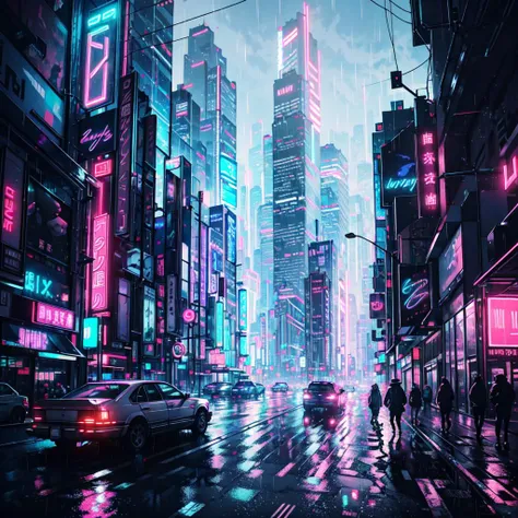 cyberpunk dark city, skyscrapers, neon lights, advertisment, night, hyper-realistic, photo, highly detailed, glass city, rainy, realism, moody cinematic, 8k, 3.5 mm, tokyo, futuristic, octane render, japanese, synthwave, cityscape, dramatic, wide angle, sci-fi, traffic, ultra realistic, glowing lights, <lora:neonPaletteLora_offset:1>