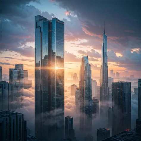 A stormy sky over a cityscape with tall buildings, Tilting, Negative Space, separation light, high key masterpiece, realistic, award winning, volumetric light and fog, neon palette, subsurface scattering, caustics, bloom, perfect exposure, perfect composition, rule of thirds, 8k, hdr10, cinematic, breathtaking, ray tracing, <lora:neonPaletteLora_offset:1>, <lora:add_detail:0.85>