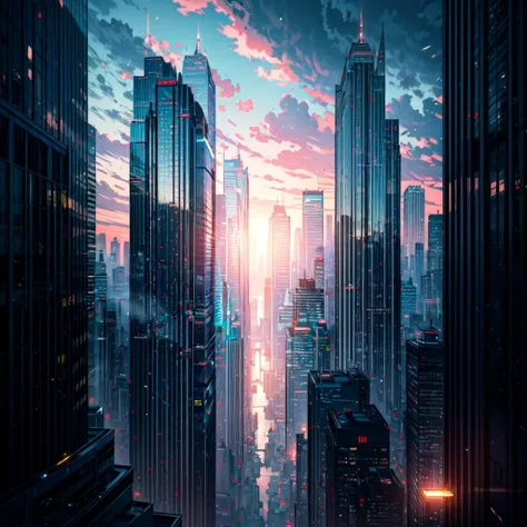 A stormy sky over a cityscape with tall buildings, Tilting, Negative Space, separation light, high key masterpiece, realistic, award winning, volumetric light and fog, neon palette, subsurface scattering, caustics, bloom, perfect exposure, perfect composition, rule of thirds, 8k, hdr10, cinematic, breathtaking, ray tracing, <lora:neonPaletteLora_offset:1>, <lora:add_detail:0.85>