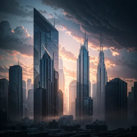 A stormy sky over a cityscape with tall buildings, Tilting, Negative Space, separation light, high key masterpiece, realistic, award winning, volumetric light and fog, neon palette, subsurface scattering, caustics, bloom, perfect exposure, perfect composition, rule of thirds, 8k, hdr10, cinematic, breathtaking, ray tracing, <lora:neonPaletteLora_offset:1>, <lora:add_detail:0.85>