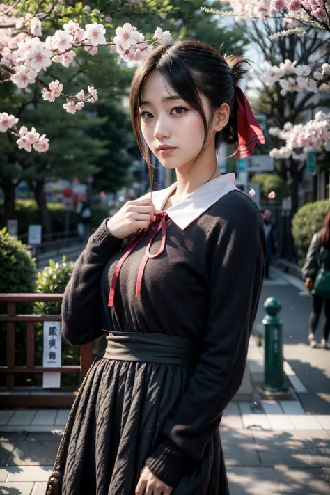 (realistic:1.3), finely detailed, quality, rembrandt lighting, (masterpiece:1.2), (photorealistic:1.2), (best quality), (detailed skin:1.3), (intricate details), dramatic, ray tracing, 1girl, japanese girl, 21 years old, detailed skin texture, (blush:0.5), (goosebumps:0.5), subsurface scattering, smiling, medium breasts, aakaguya, short hair, folded ponytail, hair ribbon, parted bangs, neck ribbon, (red ribbon:1.1), black dress, black shirt, long sleeves, black sleeves, cowboy shot, (bright sunny day, outdoors, ueno park, cherry blossoms trees, sky), <lora:shinomiya_kaguya_v1:0.8>