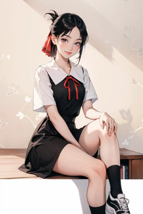 ((masterpiece, high quality, best quality, 8k, wallpaper, fine lineart, highly detailed, absurdres)), 1woman, black hair, full body, sitting, smile, 1980s \(style\), small breasts, wide hips, plataform shoes, classroom, smile,  <lora:shinomiya_kaguya_v1:0.8>, bbkaguya, short hair, folded ponytail, hair ribbon, parted bangs, neck ribbon, red ribbon, pinafore dress, white shirt, short sleeves