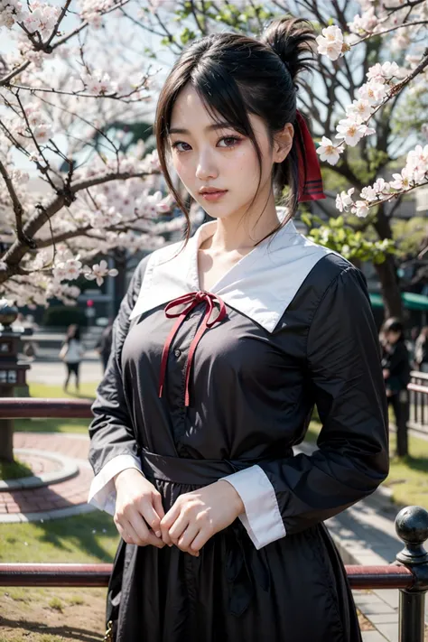 (realistic:1.3), finely detailed, quality, rembrandt lighting, (masterpiece:1.2), (photorealistic:1.2), (best quality), (detailed skin:1.3), (intricate details), dramatic, ray tracing, 1girl, japanese girl, 21 years old, detailed skin texture, (blush:0.5), (goosebumps:0.5), subsurface scattering, smiling, medium breasts, aakaguya, short hair, folded ponytail, hair ribbon, parted bangs, neck ribbon, (red ribbon:1.1), black dress, black shirt, long sleeves, black sleeves, cowboy shot, (bright sunny day, outdoors, ueno park, cherry blossoms trees, sky), <lora:shinomiya_kaguya_v1:0.8>