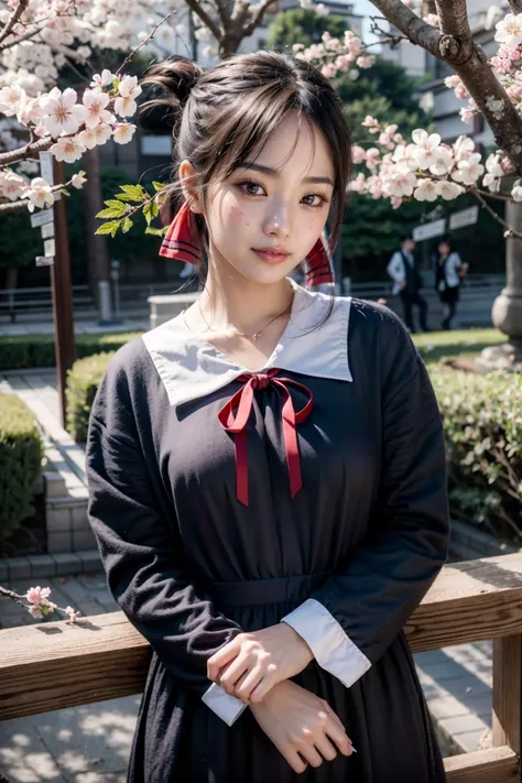 (realistic:1.3), finely detailed, quality, rembrandt lighting, (masterpiece:1.2), (photorealistic:1.2), (best quality), (detailed skin:1.3), (intricate details), dramatic, ray tracing, 1girl, japanese girl, 21 years old, detailed skin texture, (blush:0.5), (goosebumps:0.5), subsurface scattering, smiling, medium breasts, aakaguya, short hair, folded ponytail, hair ribbon, parted bangs, neck ribbon, (red ribbon:1.1), black dress, black shirt, long sleeves, black sleeves, cowboy shot, (bright sunny day, outdoors, ueno park, cherry blossoms trees, sky), <lora:shinomiya_kaguya_v1:0.8>