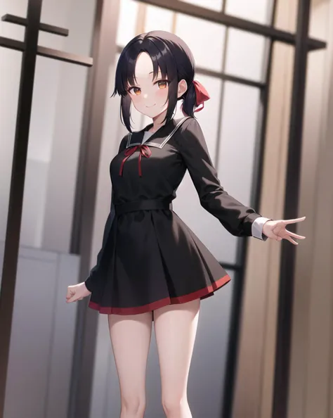 <lora:h_madoka_shinomiya_kaguya_v1:0.7>, masterpiece, best quality, highres
aakaguya, short hair, black hair, folded ponytail, sidelocks, hair ribbon, parted bangs, neck ribbon, red ribbon, black dress, black shirt, long sleeves, black sleeves, shuuchiin academy school uniform, cowboy shot
solo, look at viewer, standing, smile, closed mouth, medium breasts