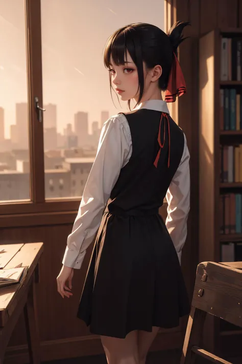 (ultra realistic,32k, masterpiece:1.2),(high detailed skin:1.1),( high quality:1.1),
(detailed realistic background:1.3),
realistic lighting,
[cinematic lighting|sunset lighting],
hyperrealism,
soothing tones,
muted colors,
high contrast,
soft light,
sharp,
artistic photoshoot,
aesthetic,
(cute, petite:1.2),3girls,
an old library, cottagecore style, golden hour, lights,walking , Full Body From Behind ,
<lora:shinomiya_kaguya_v1:0.8> aakaguya, short hair, folded ponytail, hair ribbon, parted bangs, neck ribbon, red ribbon, black dress, black shirt, long sleeves, black sleeves, bbkaguya, short hair, folded ponytail, hair ribbon, parted bangs, neck ribbon, red ribbon, pinafore dress, white shirt, short sleeves