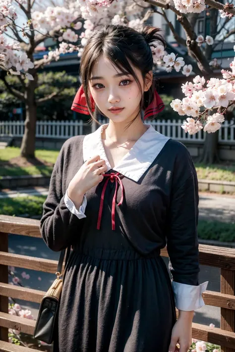 (realistic:1.3), finely detailed, quality, rembrandt lighting, (masterpiece:1.2), (photorealistic:1.2), (best quality), (detailed skin:1.3), (intricate details), dramatic, ray tracing, 1girl, japanese girl, 21 years old, detailed skin texture, (blush:0.5), (goosebumps:0.5), subsurface scattering, smiling, medium breasts, aakaguya, short hair, folded ponytail, hair ribbon, parted bangs, neck ribbon, (red ribbon:1.1), black dress, black shirt, long sleeves, black sleeves, cowboy shot, (bright sunny day, outdoors, ueno park, cherry blossoms trees, sky), <lora:shinomiya_kaguya_v1:0.8>