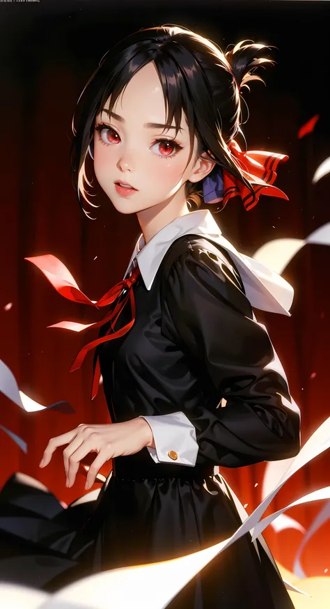 highres, (masterpiece), best quality, sharp focus, intricate detail, large exposure, official art, (cinematic lighting), perfect picture composition
BREAK
<lora:shinomiya_kaguya_v1:0.8> aakaguya, short hair, folded ponytail, hair ribbon, parted bangs, neck ribbon, red ribbon, black dress, black shirt, long sleeves, black sleeves, (dynamic angle)