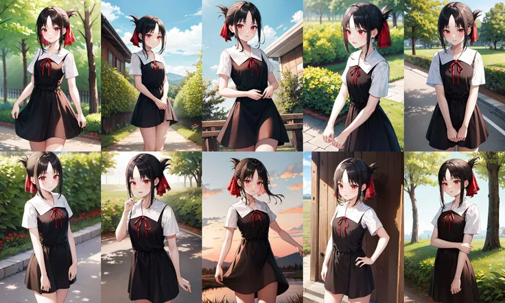 masterpiece, best quality, highres, bbkaguya, short hair, folded ponytail, hair ribbon, parted bangs, neck ribbon, red ribbon, pinafore dress, white shirt, short sleeves, <lora:shinomiya_kaguya_v1:0.7>, standing, cowboy shot, outdoors
