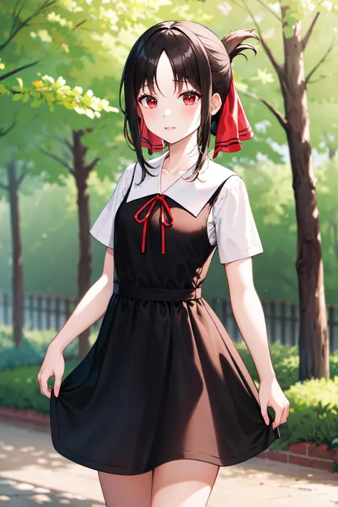 masterpiece, best quality, highres, bbkaguya, short hair, folded ponytail, hair ribbon, parted bangs, neck ribbon, red ribbon, pinafore dress, white shirt, short sleeves, <lora:shinomiya_kaguya_v1:0.7>, standing, cowboy shot, outdoors