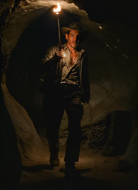 fullbody photo of sksman, in a cave with a torch in one hand and a rope on the other hand looking for a treasure, (look at viewer:1.2) (skin texture), close up, cinematic light, sidelighting, Fujiflim XT3, DSLR, 50mm, <lyco:Indiana Jones:1.1> <lora:epiNoiseoffset_v2:0.5>